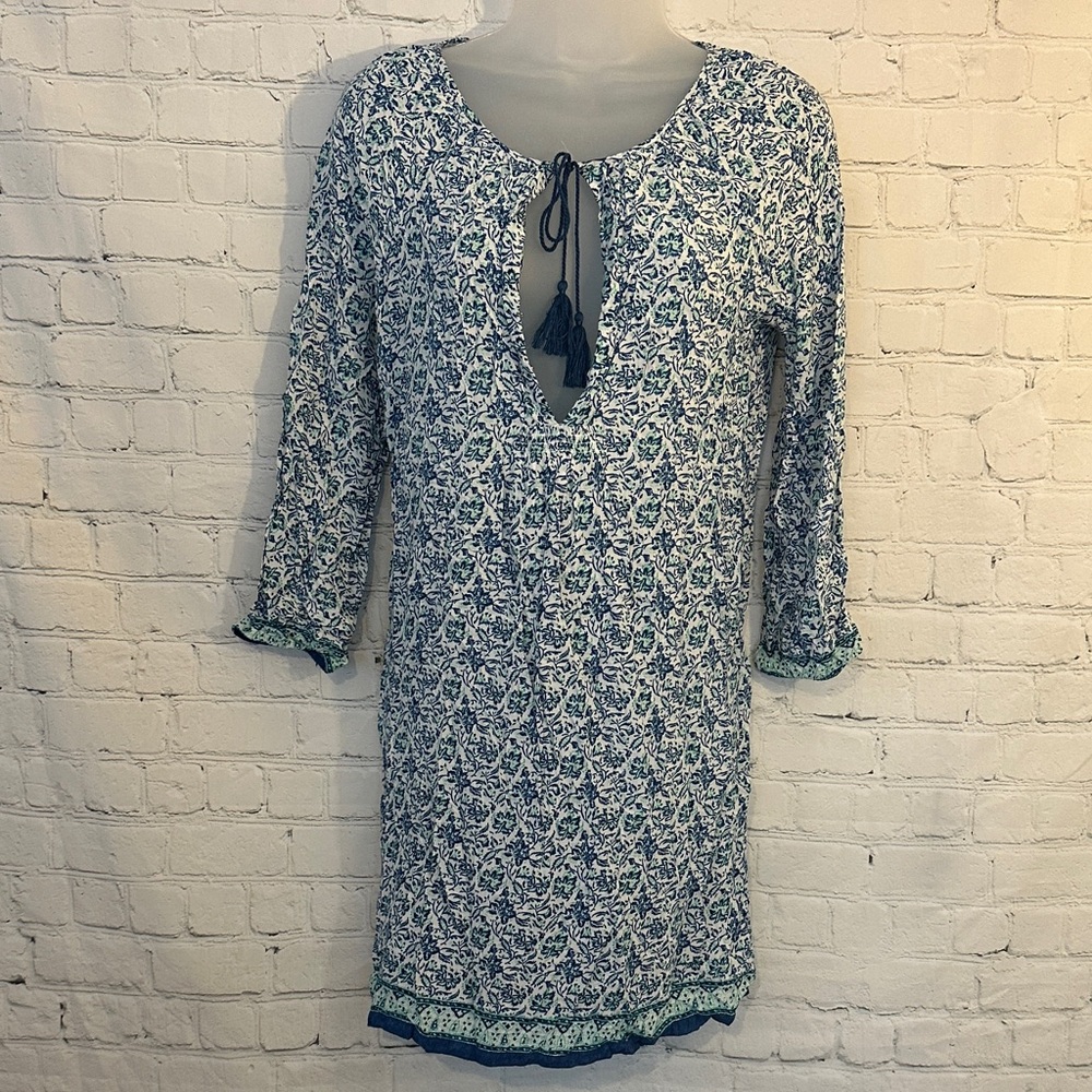 Joie Soft Blue and Green Floral Dress with Tassel